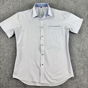 Mens 95 S M White Blue Grid Check Shirt Short Sleeve Contrast Collar FLAWED
